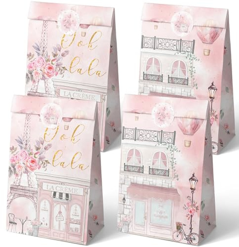 Outego 24 Partytüten mit Aufklebern, Paris, Geschenktüten für Kinder, Paris-Themen-Geburtstagsparty-Zubehör