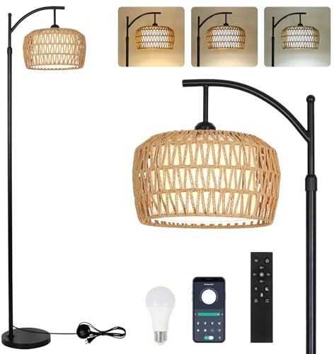 Rayofly Rattan Stehlampe Wohnzimmer, Dimmbare Stehlampe mit Fernbedienung, App-Steuerung, Boho Stehlampe mit Rattan Schirm & Glühbirne, Moderne Stehlampe für Schlafzimmer, Büro, Schwarze Bogenlampe