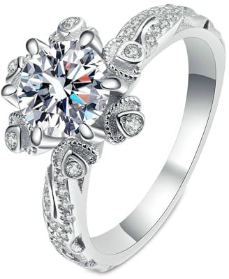 Gualiy Verlobungsring 585 Weißgold, 14 Karat Damen Ringe Echtgold Vintage Blume Ring mit Labor Diamant 1ct Ring Größe 61