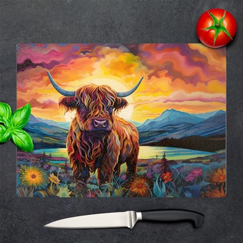 Highland Series Glass Chopping Board, Unique Artist Designed Glass Chopping Boards for Kitchens, Textured Surface, Non Slip, Heat Resistant Cutting Board (Highland Cow, Large 39x29cm)