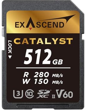 Exascend Catalyst 512GB SDXC UHS-II V60 Memory Card Record In 4K Ultra HD 150MB/s Write Speeds, 280MBs Read UHS-II, Class 10, U3, V60 SD Memory Card