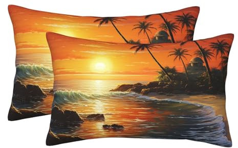 2 Pack Small/Standard/Queen Size Pillow Cases with Hidden Zipper Palm Tree Sun Landscape Pillow Cover 20x30 Soft Breathable Pillowcase for Hair and Skin, Sleeping Gifts Bed Pillow Case