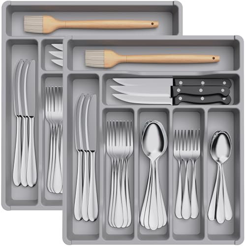 Lifewit 2 Pack Cutlery Drawer Organiser, Plastic Cutlery Tray for Kitchen Drawer, Utensil Flatware Silverware Holder Divider for Spoons Forks Knives Tableware, 7 Compartment,Grey