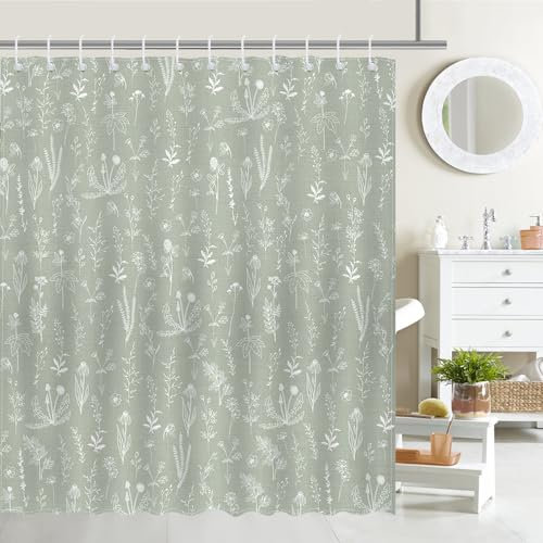 Avezano Green Leaves Shower Curtain Sage Green Plants Floral Bathroom Shower Curtain Greenery Vintage Rustic Waterproof Home Bath Decor with 12 Hooks 72 X 72 Inches