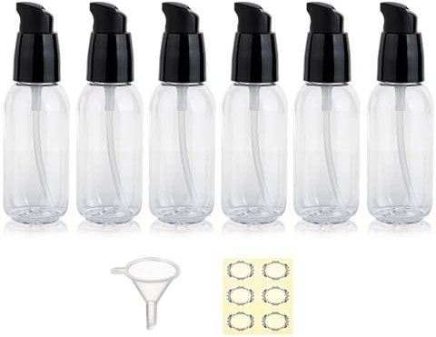 Apstaqeoo 6Pcs 50Ml Empty Lotion Pump Bottle Dispenser for Toiletries TSA Approved Pump Dispenser Leak-proof Plastic Travel Bottles Container with Label & Funnel for Cleaning Shampoo Cosmetic (Clear)