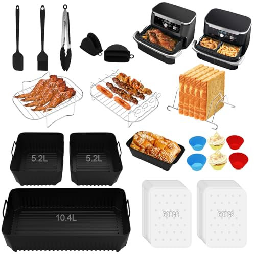 Feelhap Accessori Friggitrice Ad Aria,138PCS Accessori Airfryer per Ninja Food FlexDrawer Friggitrice ad Aria AF500EU 10,4L,Teglie Cestino in Silicone per Friggitrice ad Aria Calda Ninja Flex AF500EU