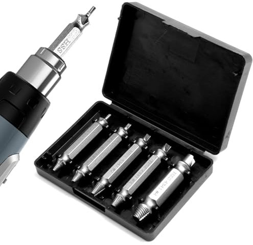 5pcs Damaged Screw Extractor Set Easy Out Stripped Screw Remover Rounded Nuts Bolt Removal Drill Bit Tool Kit for Stripped Rusted Stubborn Screws Hardened Steel Extractors with Ergonomic Design