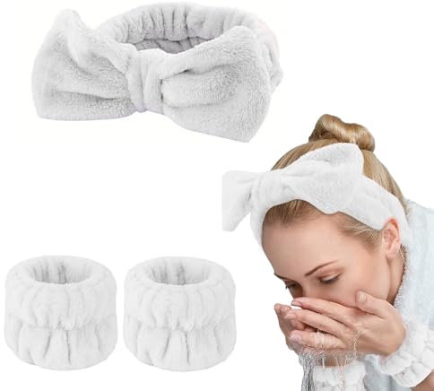 IMAXWAVE Kit de soins du visage : bandeau doux en forme de nœud et poignets absorbants pour maquillage et soins de beauté, idéal pour les routines quotidiennes et les spa à la maison - Blanc
