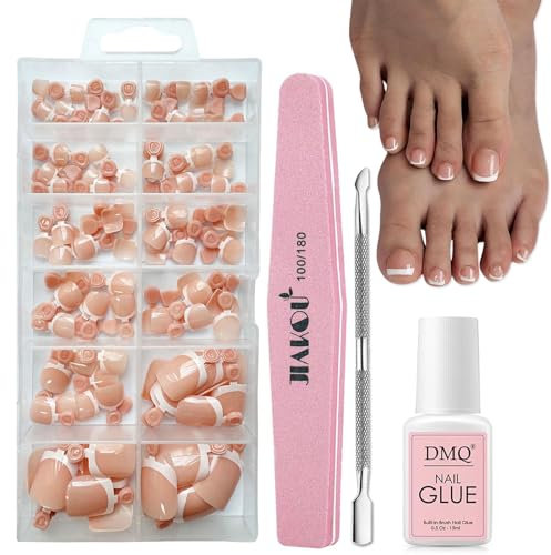 DMQ French Press on Nails for Toe, 240Pcs Square False Toenails Short, Nude French Tip Fake Toe Nails, Full Cover Stick on Toenails with Glue for Women Nail Art Manicure Decorations