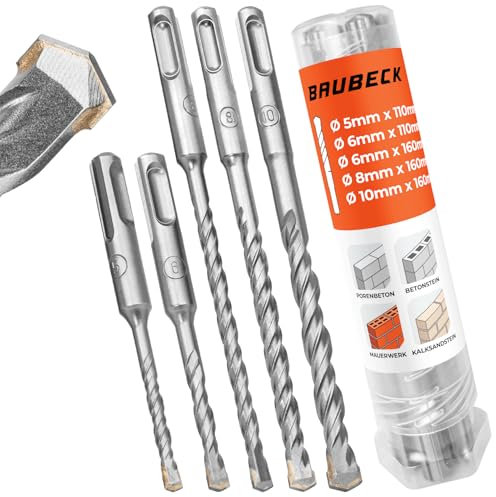 BAUBECK SDS Plus Bohrer Set für Beton [5tlg - 5-10 bis zu 160mm lang] - Langlebig und Robust aus 40CR Stahl für Präzise Ergebnisse - Bohrer Set Beton Schlagbohrer SDS Bohrer Stein Betonbohrer