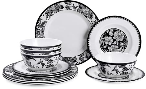 Lechoo Melamin-Geschirr-Set, 12-teilig, Melamin, Teller und Schüsseln, schwarzes Blumen-Lilien-Muster, für drinnen und draußen, unzerbrechlich, spülmaschinenfest