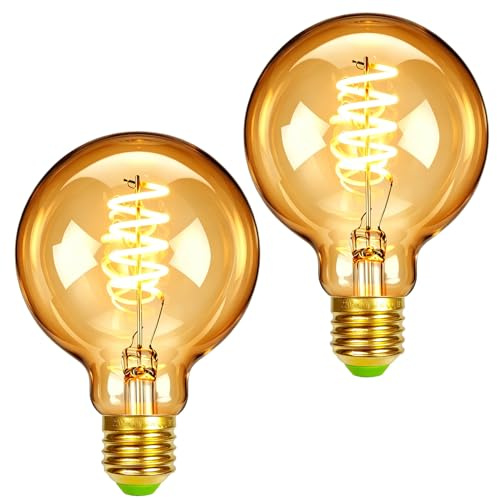 TIANFAN G80 Edison LED Lampe 2er-Set, 4W (25W Eq), 2000K Warmlicht, Dimmbar, E27 Sockel, Spiral-Filament, Bernstein Glas, 220V
