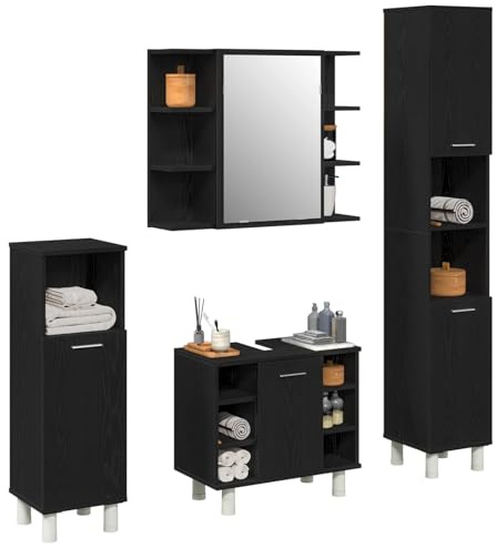 vidaXL 4-teiliges Badezimmermöbel Set Schwarz Eiche Holzwerkstoff mit Spiegel und Stauraumlösungen für den Innenbereich Moderner Waschtisch Schlank Zeitgemäße Wohnkultur Organisatorisches Vier