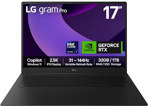 LG gram Pro 17Z90TR-E - 17 inch 2.5K 144Hz VRR, Ultra-Lightweight Laptop, Intel Core Ultra 7 255H, NVIDIA GeForce RTX 5050, 32GB RAM, 1TB SSD, Windows 11 Home, Copilot, Hybrid AI, Black (2025)