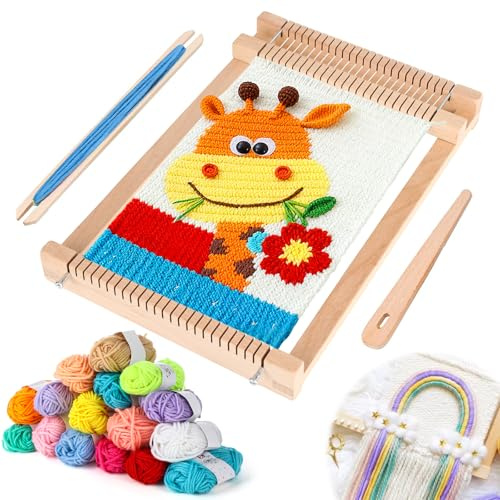 Webrahmen Kinder,29×19cm,Webstuhl für Kinder ab 4 Jahre,Holz Webstuhl Set | Webrahmen für Schüler und Anfänger, Herstellung Handgefertigter Werke, mit 16 Farben Strickgarn und Zubehör