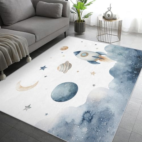 Generisch Rakete Teppich Wohnzimmer 120x170, Kurzflor Teppich Schlafzimmer Planet Sternenhimmel Kinder Jungen Wohnzimmerteppich Groß, Weich Flanell - Antirutsch Carpet H-7