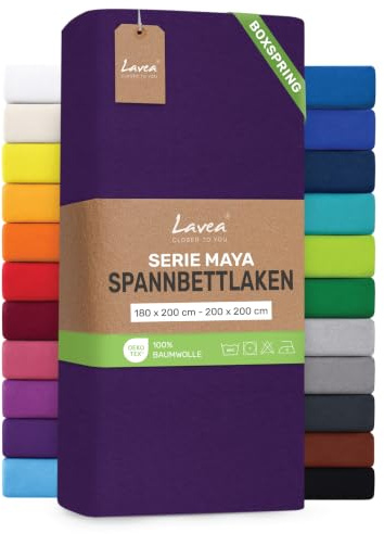 Lavea® Spannbettlaken 180-200x200 cm - für Boxspringbett – Dunkellila | Jersey Spannbetttuch mit 40 cm Steghöhe, 100% Baumwolle, weich, atmungsaktiv, pflegeleicht, formstabil – Perfekte Passform
