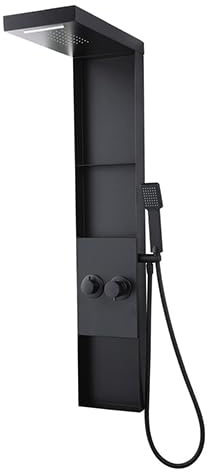 Edouard Rousseau - Colonne de Douche Mécanique BUTO - Tête Orientable - Douchette 3 Jets Économie d’Eau - Bras Télescopique Rotatif (Noir avec rangements)