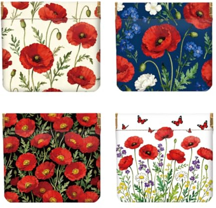 Peacoblue 4er-Set kleine Leder-Münzbörsen für Damen – Mohnblumen- und Schmetterlingsmuster, wasserdicht, langlebig, Mini-Geldbörse, Frauen
