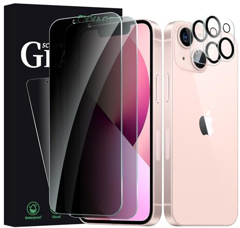 CYYAGE for iPhone 13 Privacy Screen Protector and Camera Lens Protector, 2+2 Pack, Anti-Spy Tempered Glass, 9H Hardness, with Camera Lens Film