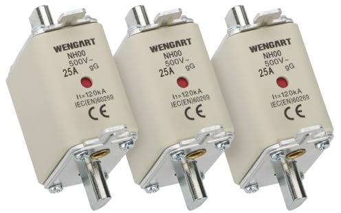 Wengart 3er Set NH00 Sicherung 25A gG/gL,AC 500V Messersicherung mit High-Visibility Kombimelder,120kA Ausschaltvermögen,Versilberte Kontaktmesser (30mm Breite),Schmelzeinsatz für Wallbox,PV&Industrie
