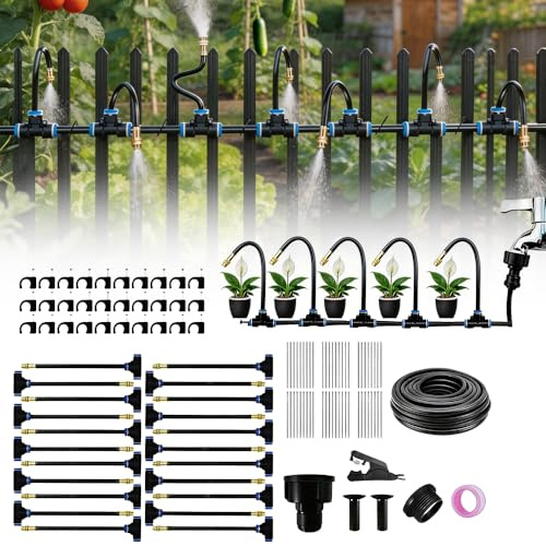 Wxeadu Sistema de Riego Automático, 20M Kit Riego Automatico con 20 boquilla ajustable, Aspersor Pulverizador, Sistema de Riego para Jardín de 360° para Jardín, Invernadero, Césped
