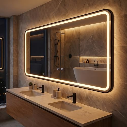 YOURLITE Badspiegel-mit-Beleuchtung 120x60cm,LED Badezimmerspiegel | Badezimmer Spiegel mit Touch-Schalter,3Lichtfarben Dimmbar,Speicherfunktion,Beschlagfrei,Wandspiegel,Speicherfunktion,Schwarz