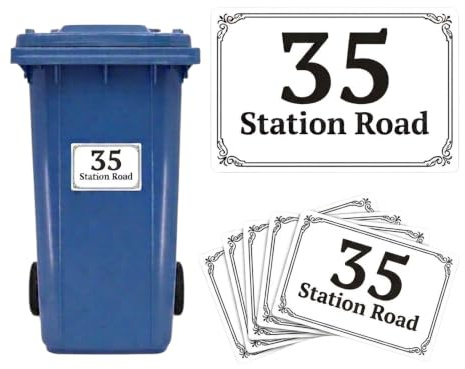 RIZSTAR Pack of 4 Personalised Wheelie Bin Stickers - Custom House Number & Street Name Address Labels - Waterproof Bin Numbers For Wheelie Bins (150x100mm)