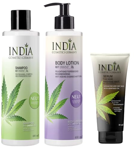 Hair & Body Pflegeset von INDIA COSMETICS GERMANY – Shampoo & Bodylotion mit Hanfsamenöl-Extrakt, ohne Parabene für geschmeidige Haut & gepflegtes Haar