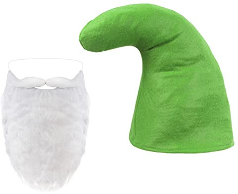 Alsino Zwergen Kostüm Accessoires - Zwergenmütze mit Bart, Grüne Mütze - One Size für Erwachsene