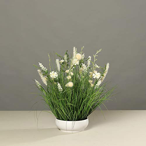 Ziegler Wiesenblumen Blumengesteck in Schale, Kunstblumen weiß creme, 50 cm hoch, 50 cm Durchmesser, Natürlich-Rustikal-Modern, Blumengesteck, 1 Stück