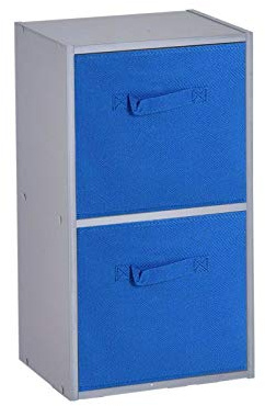 URBNLIVING Wooden Bookcase Grey 2 Tier + 2 Dark Blue Drawer