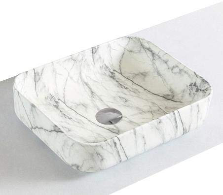 Lavabo da appoggio in ceramica sanitaria KW6127-50 x 39 x 13 cm - Colore a scelta, Colore:Aspetto marmo bianco opaco, Piletta Pop-up:Con coperchio suppl. cromato