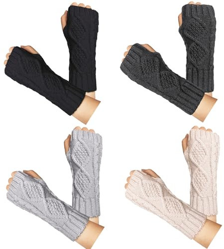 Loritta 2–4 Paar fingerlose Damen-Handschuhe, Winter, warm, gestrickt, gehäkelt, Daumenloch, Armstulpen, A6-Beige/Hellgrau/Dunkelgrau/Schwarz (4 Paar)