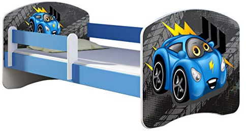 ACMA Kinderbett 180x80 cm Blau mit Matratze & Lattenrost – Jugendbett mit Rausfallschutz, personalisiertes Motiv 04 Blaue Auto, stabiles Kinderbett für Kinderzimmer, belastbar bis 120 kg