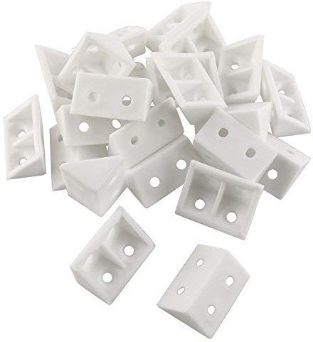 JCBIZ 24pcs 20x32mm White L Shape Bracket Plastic Furniture Corner Brace Joint with Color Plated Self-Tapping Screw for Right Angle Corner Joints of Drawers, Windows, Frames, Cabinet