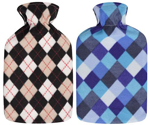 2 x Hot Water Bottles with Soft Fleece Cover - Natural Rubber 2 Litre Capacity - (Check Diamonds)