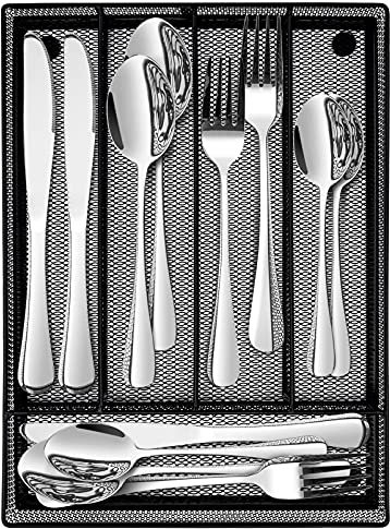 24 Piece Cutlery Set with Mesh Drawer Oragniser, Homikit Stainless Steel Flatware Silverware Sets for 6, Elegant Tableware Included Silver Knife Fork Spoon, Black Utensil Storage Tray, Easy Clean