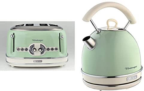 Ariete 156 Grille-pain design Vintage 4 tranches, sans pince, 1600 watts, 6 niveaux de grillage, Acier inoxydable, Vert pastel & Vintage 2877 Bouilloire Électrique Design, 2000 W, 1,7 L, Vert Pastel