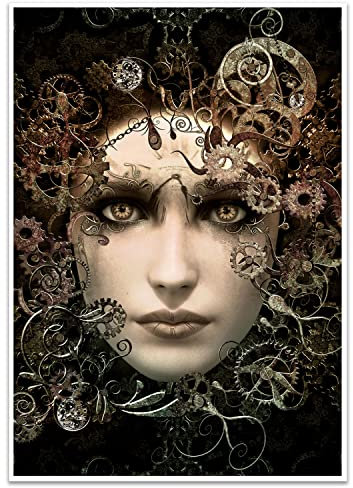 wandmotiv24 Poster als Wanddeko, Größe Din A4, Steam Punk, Gesicht Frau, Zahnrad, Uhr, Technik, Fantasy, Moderne Wanddeko, Wandbilder, Deko, Bild M0103