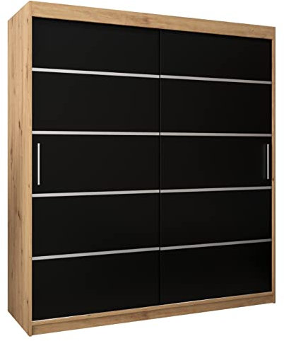 MEBLE KRYSPOL Schwebetürenschrank Verona 1 180 cm Kleiderschrank mit Kleiderstange und Einlegeboden Schlafzimmer- Wohnzimmerschrank Schiebetüren Modern Design (Schubladen: 0, Artisan Eiche + Schwarz)