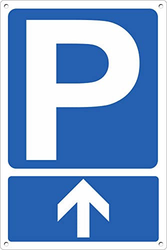 Pubblimania Panneau PARKING + flèche avant en composite aluminium d'épaisseur 3mm, micro-perforé (4trous) à usage externe/interne (Parking flèche avant 20 x 30)