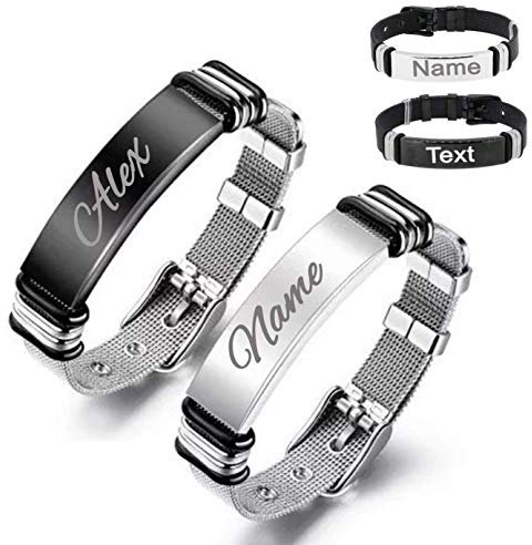 Personalisierte Partnerarmbänder Mesharmband mit Wunschgravur Edelstahl Mesh Charm Armband mit Name Buchstabe verstellbar Silber Damenarmband Charmband Gravur Geschenk für Freund (Silber/Schwarz)