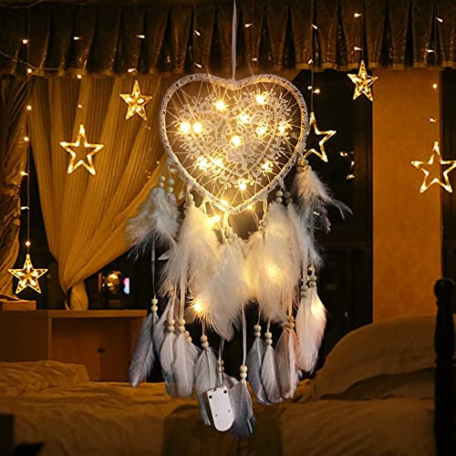 Bohemian Dekoration, Dsaren Led Traumfänger Mädchen Handgefertigt Dreamcatcher Spitze Traumfänger Federn Weiß für Gute Träume Wandbehang Auto Raum Mädchen Kreatives Geschenk (Weiß)
