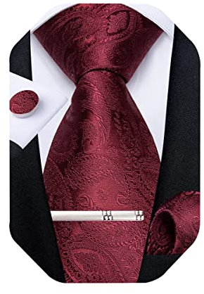 DiBanGu Paisley-Krawatten für Herren, Seidenkrawatte und Einstecktuch, Manschettenknöpfe, Krawattenklammer-Set, gewebt, klassische Herren-Krawatte für Hochzeit, Party, Weinrotes Paisleymuster,