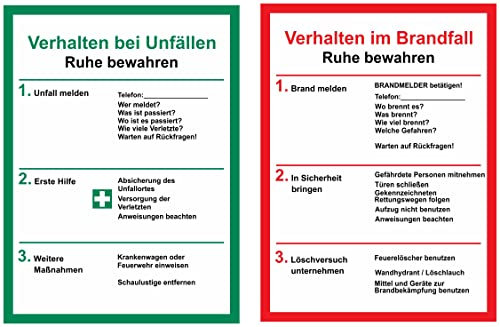Daged 2x Aufkleber 1x Verhalten im Brandfall 1x Verhalten im Unfällen 18x13 cm Hinweiszeichen ISO 7010 Sticker T-209