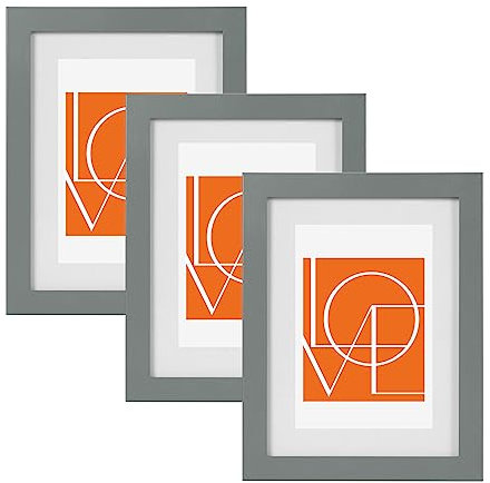 WOLTU Bilderrahmen 10x15 cm, 3er Set, Grau Holz MDF, Collage Wanddeko, Holzrahmen mit Passepartout, Fotorahmen zum vertikalen oder horizontalen Aufhängen/Aufstellen
