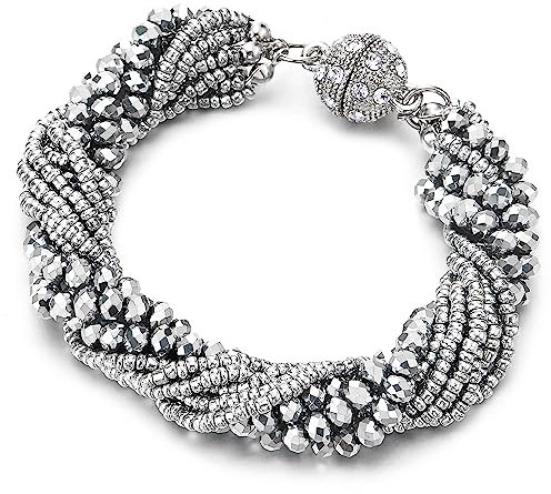 COOLSTEELANDBEYOND Damen Silber Farbe Kristall Wulst Multi-Strang Armband mit Strass Ball Charme Magnetverschluss