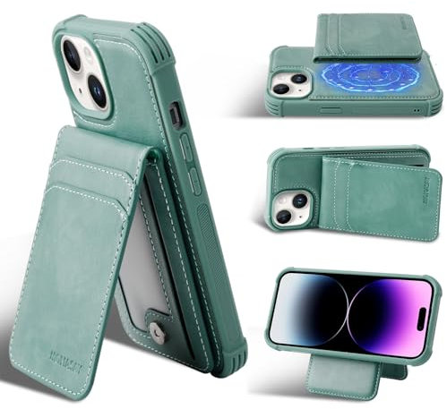MONASAY Magwallet Case Fit for iPhone 15,[Support MagSafe Wireless Charging][Glass Screen Protector]Flip Folio Magnetic Leather Wallet Phone Cover with Detachable RFID Blocking Card Holder,Light green