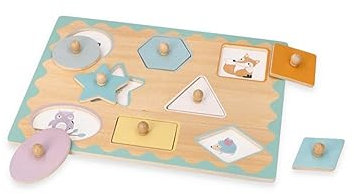 Holz-Steckpuzzle ab 1 Jahr, Formen, Kinder - Holzpuzzle 8 Elemente - Am Griff herausziehbar - Sensorisches Spielzeug - Unter Formen versteckte Tiere